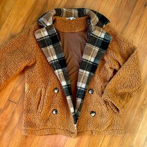 Miss Sparkling Plush Teddy Jacket | Camel, Plaid Fleece | Size L